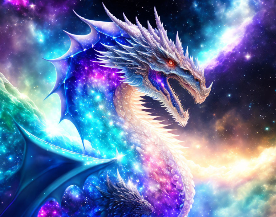 Majestic dragon with shimmering scales in vibrant cosmic nebula