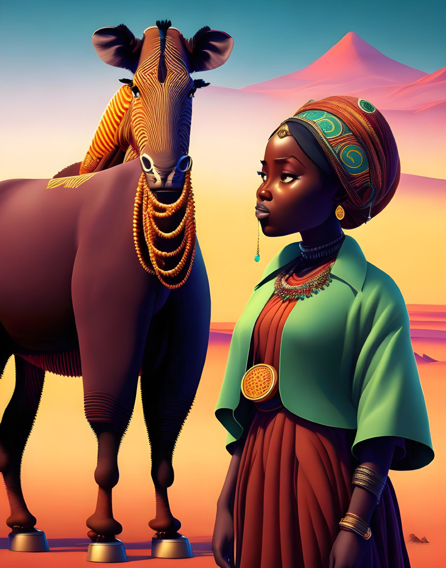 Stylized illustration of girl in traditional African clothing with okapi in sunset scene