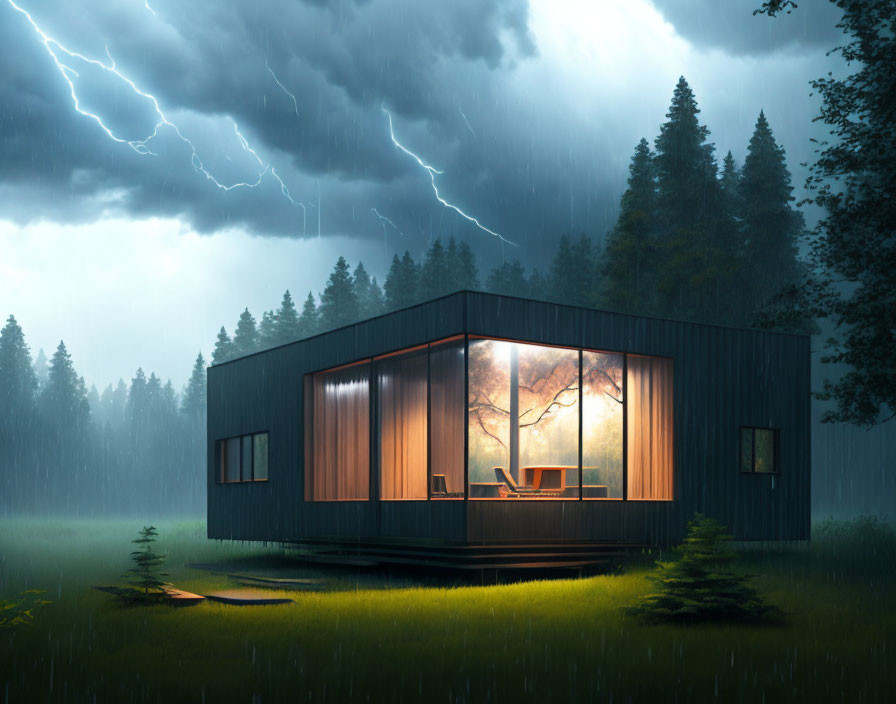 Modern cabin with large windows in rainy forest landscape lightning strike