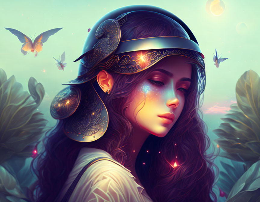 Fantastical portrait of a woman in celestial armor with glowing butterflies in dreamlike setting