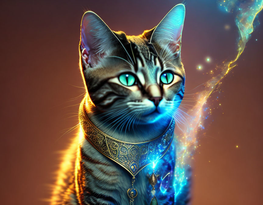 Vibrant blue cosmic energy surrounds cat on warm-toned background