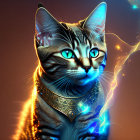 Vibrant blue cosmic energy surrounds cat on warm-toned background