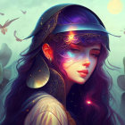 Fantastical portrait of a woman in celestial armor with glowing butterflies in dreamlike setting