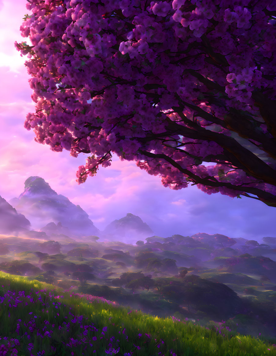 Vibrant landscape: purple tree, misty valley, green hills