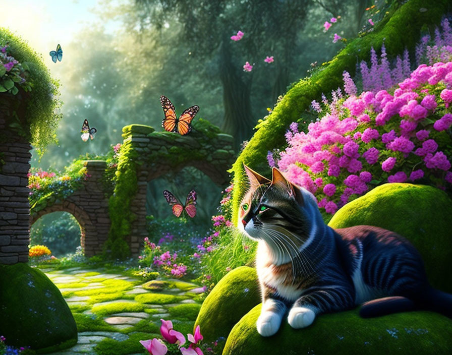 Cat relaxing in vibrant fairy-tale garden with pink flowers, stone archway, and butterflies.