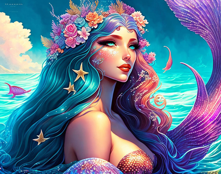 Colorful Mermaid Illustration with Blue Hair and Fish in Ocean