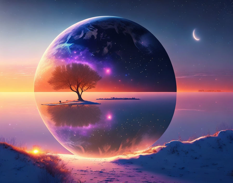 Surreal landscape with solitary tree on island and giant planet in twilight sky