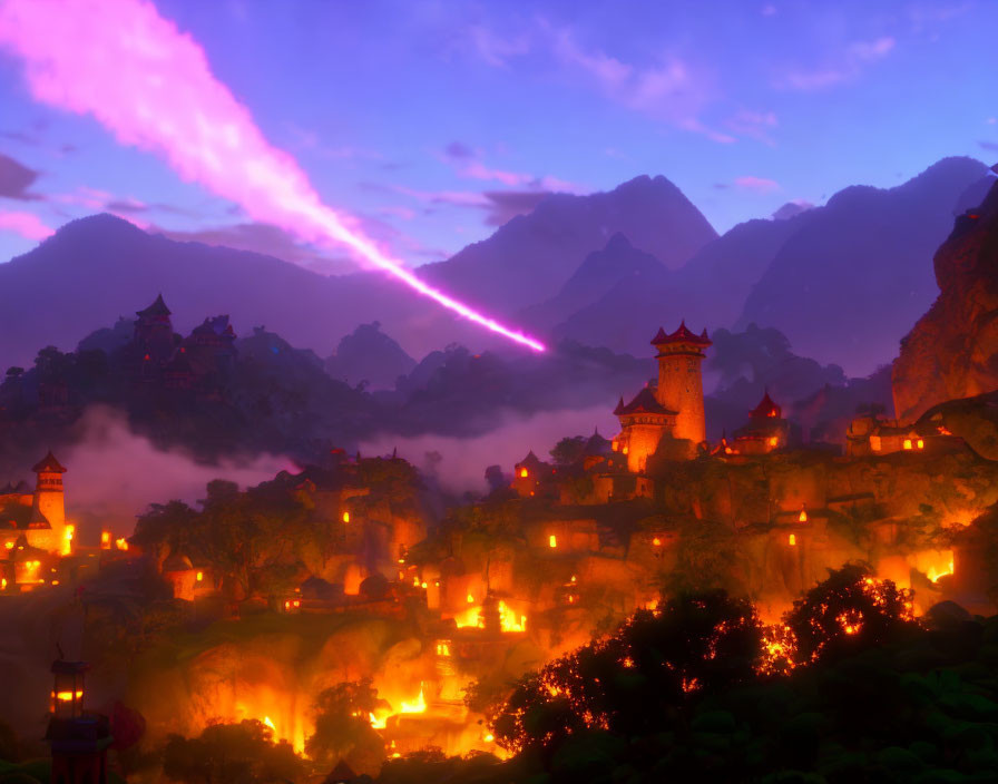 Twilight mountain village with castles under purple sky