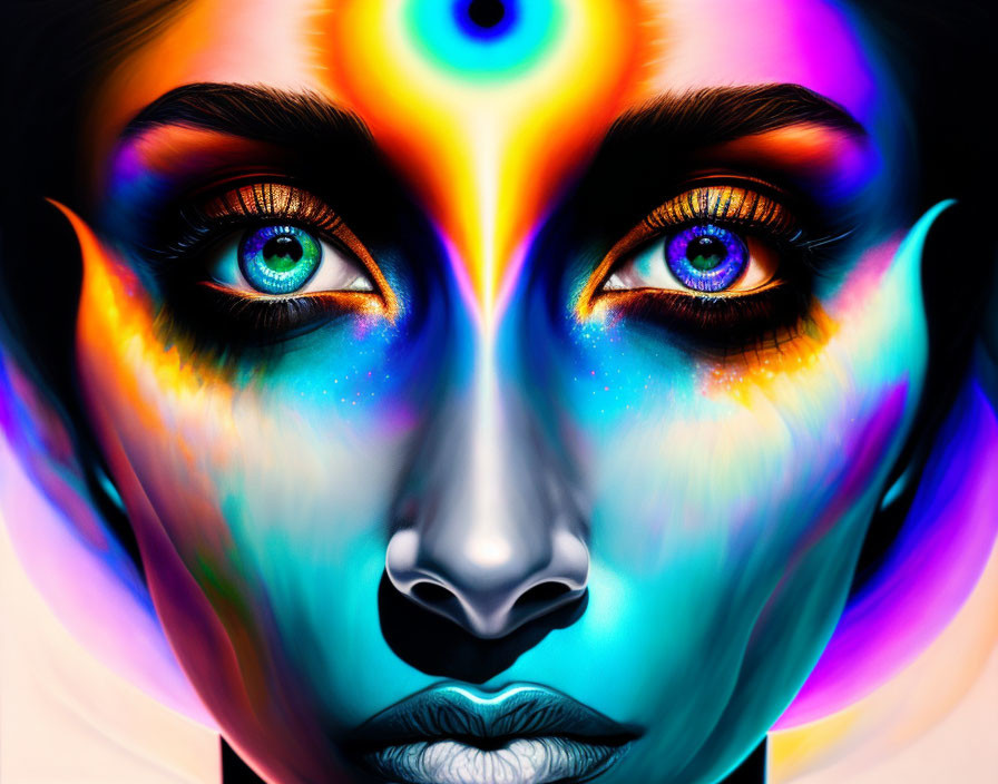 Colorful digital portrait of woman with blue eyes and psychedelic patterns