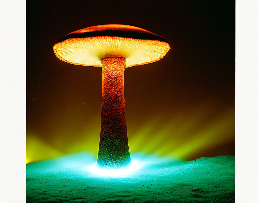 Luminescent mushroom glowing warm orange against dark background