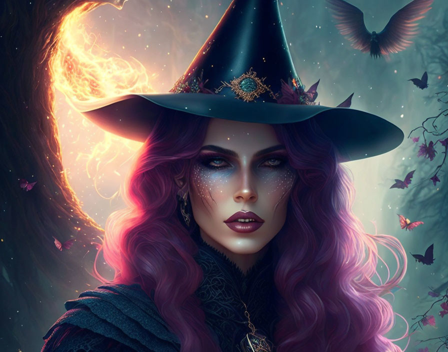 Purple-haired witch conjures fire with night creatures under a dusk sky