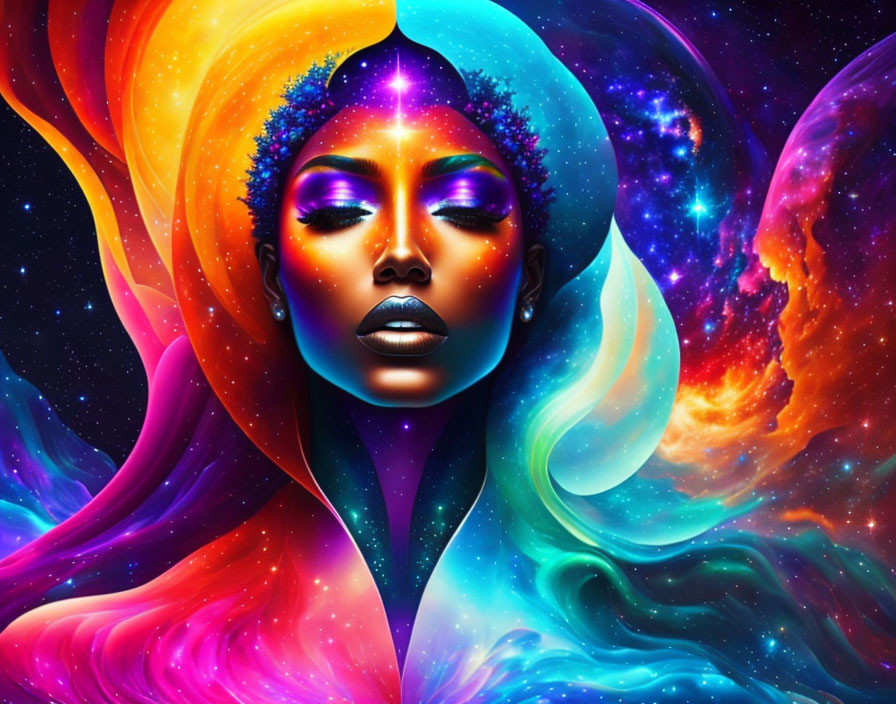 Colorful digital artwork: Woman's face merges with cosmic background