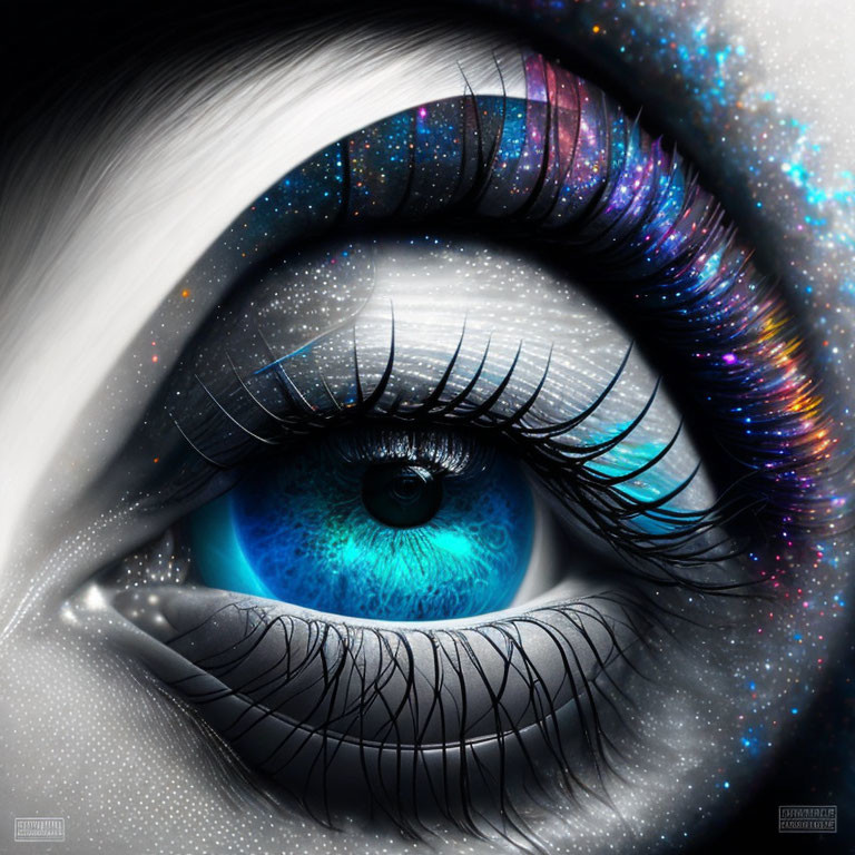 Eye with Galaxy-Themed Iris and Cosmic White Pattern