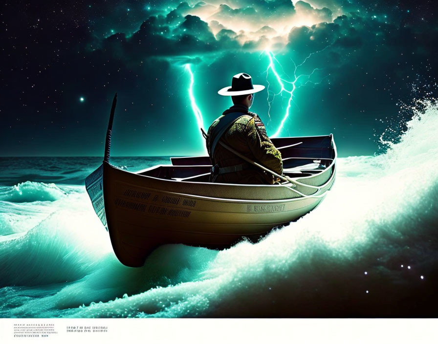 Person in hat calmly sits in boat on tumultuous sea under lightning-filled night sky