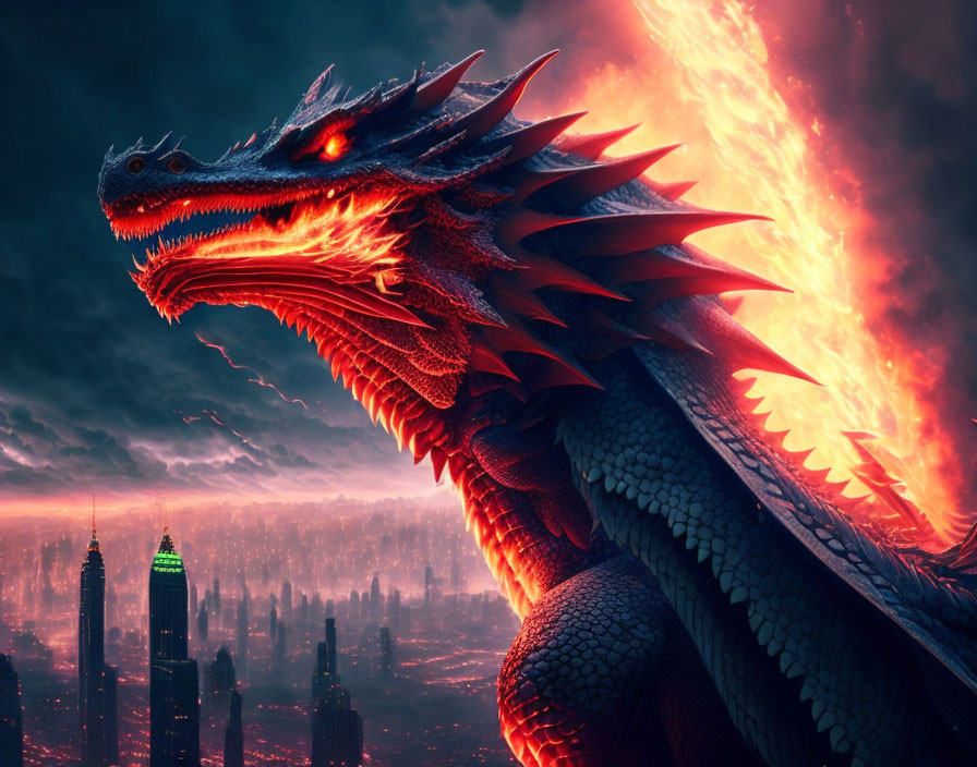 Red Dragon Breathing Fire Over Night Cityscape with Skyscrapers