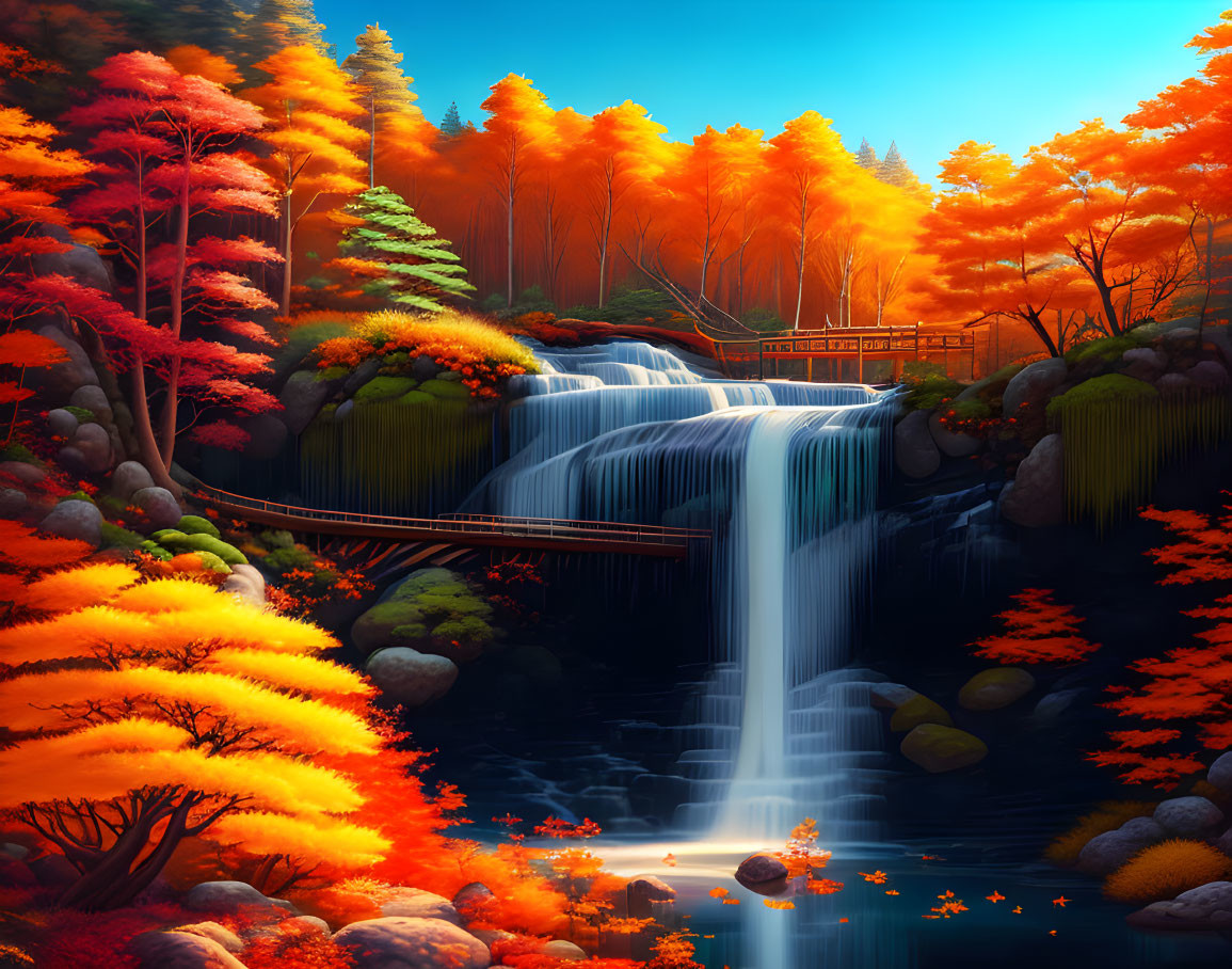 Tranquil waterfall and autumn foliage with wooden bridge