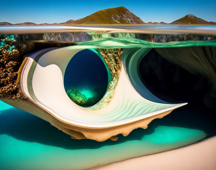 Surreal split-view image: underwater scene with nautilus shell tunnel to mountains.