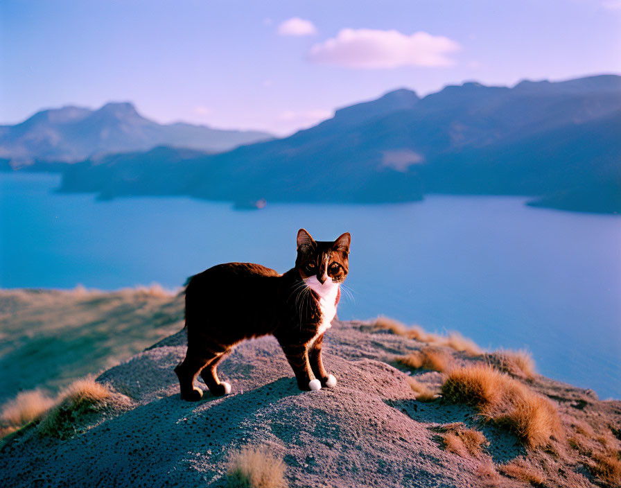 Calico Cat on Hill with Lakes and Mountains