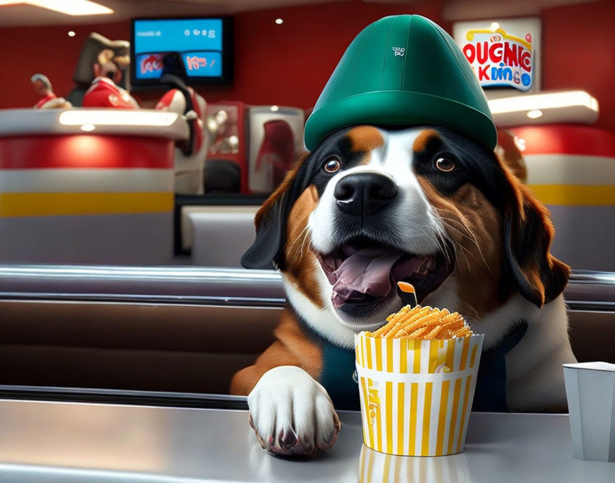 Cartoon St. Bernard Dog in Green Hat at Fast Food Restaurant