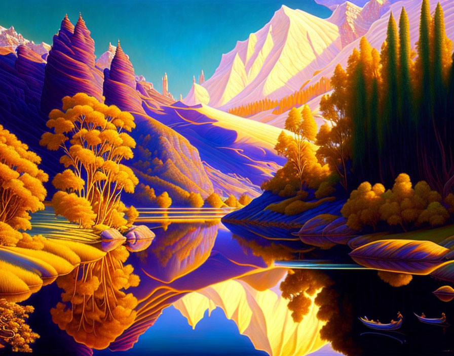 Golden-yellow foliage, reflective water, pine trees, purple mountains, and blue skies in a vibrant landscape