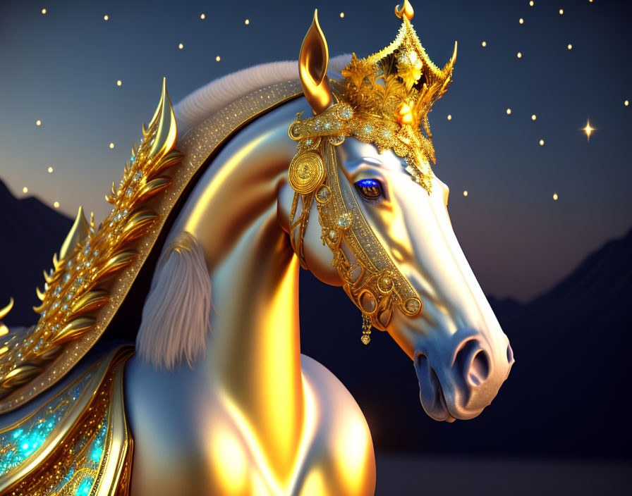 White Horse with Golden Bridle and Crown on Starry Night Sky Mountain Backdrop