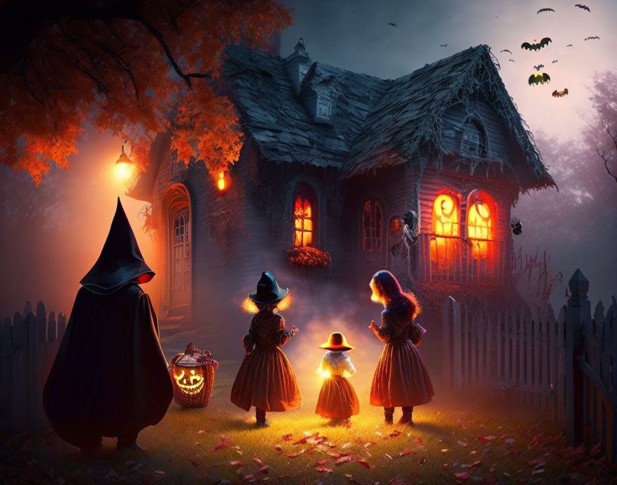 Kids in witch costumes at Halloween-decorated house at dusk.