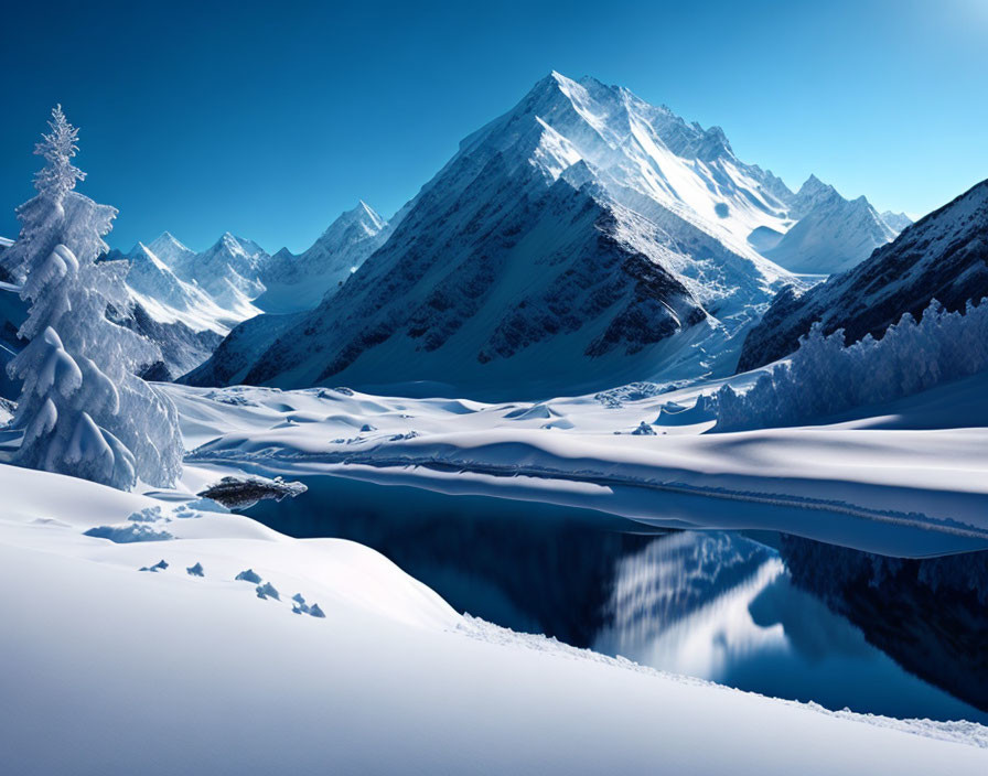 Majestic snow-covered mountains, frozen lake, conifer trees on sunny day