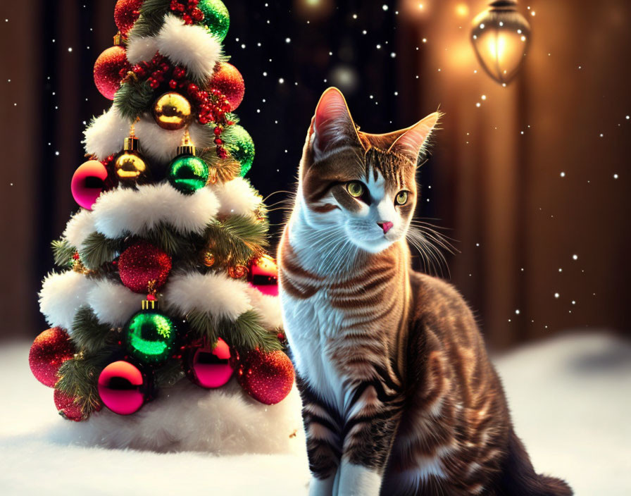 Domestic cat by Christmas tree under snowy night sky.