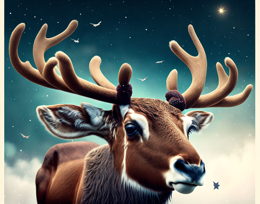 Detailed close-up of whimsical reindeer with antlers under starry night sky