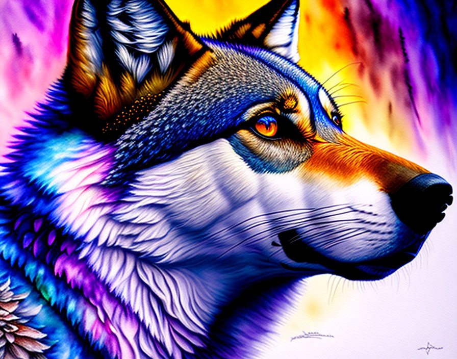 Colorful Wolf Illustration on Fiery Background