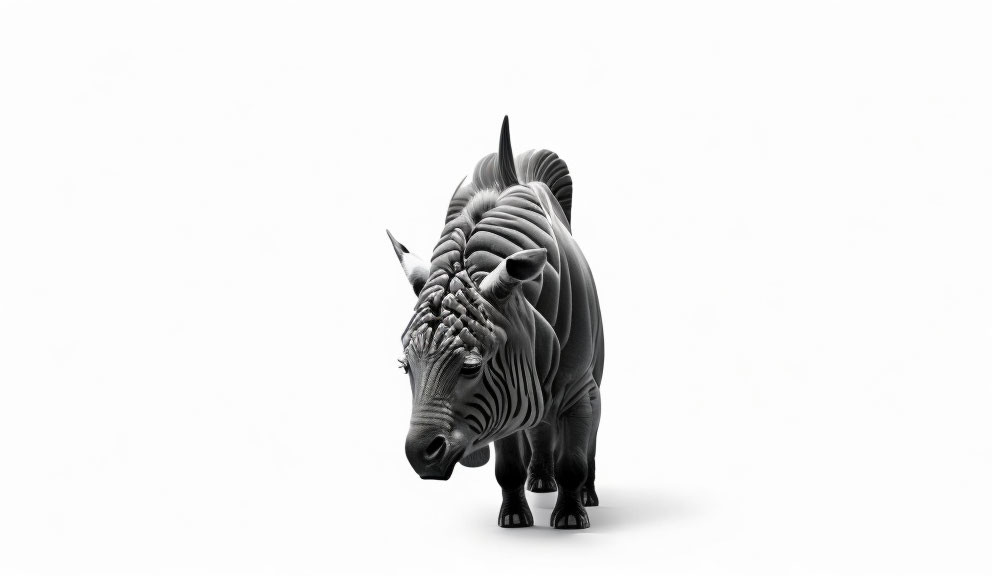 Monochromatic rhinoceros art with intricate patterns on white background