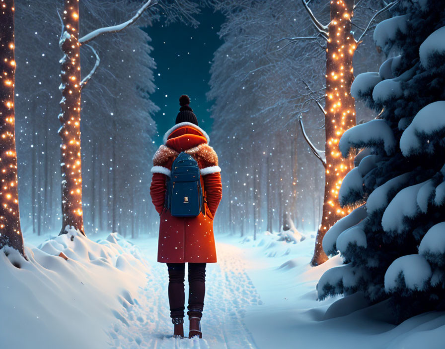 Winter scene: Person in coat and beanie on snowy path with festive lights, gazing at snow