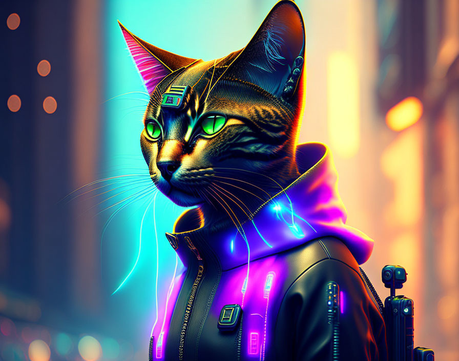 Stylized cat with human-like features in futuristic attire against neon-lit urban backdrop