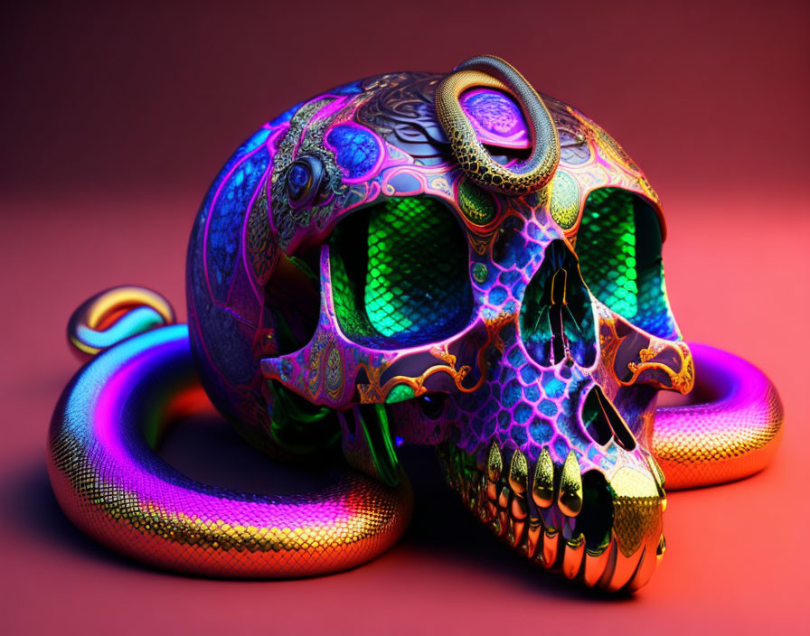 Colorful ornate skull and snake with iridescent patterns on red background