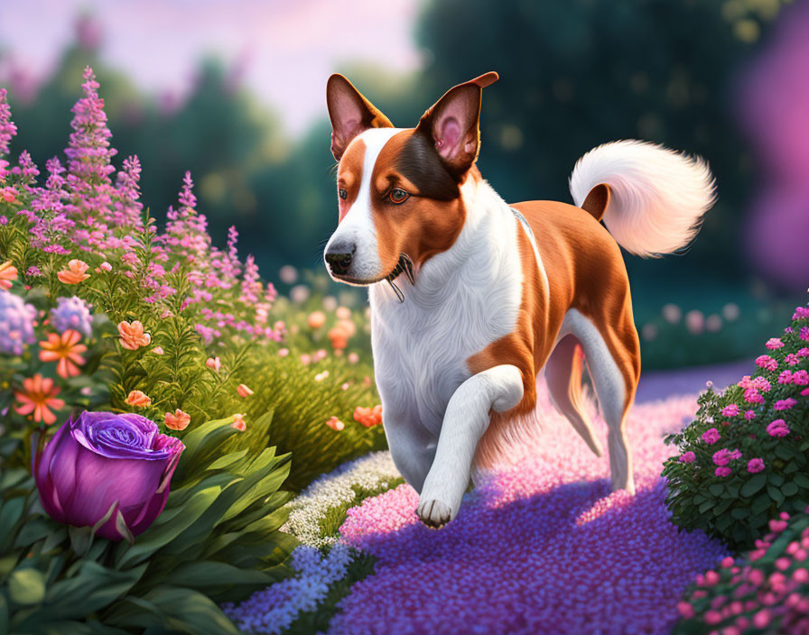 Brown and White Dog in Vibrant Garden with Purple Flowers