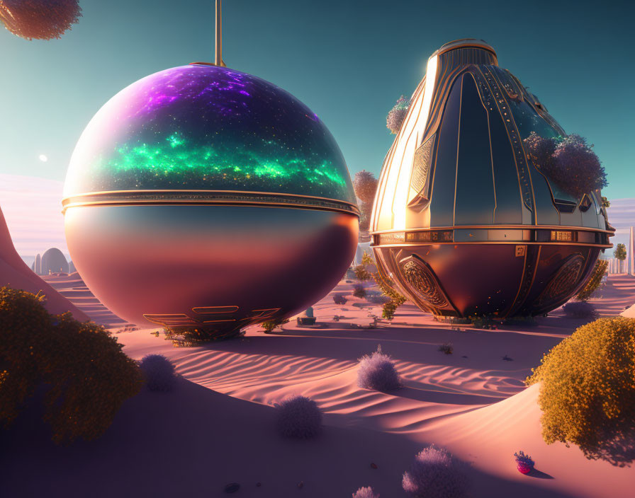 Futuristic orbs in surreal desert landscape under pastel sky