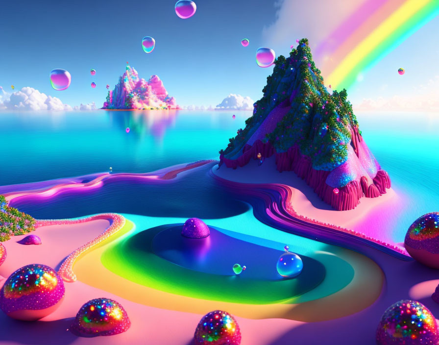 Colorful Rainbow and Surreal Landscape with Glittering Bubbles on Ocean Background