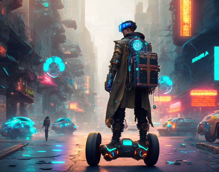 Futuristic person on hoverboard in neon cyberpunk cityscape