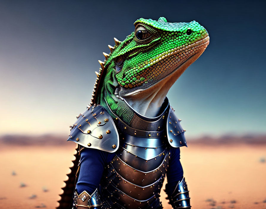 Vivid green lizard in medieval armor on desert backdrop