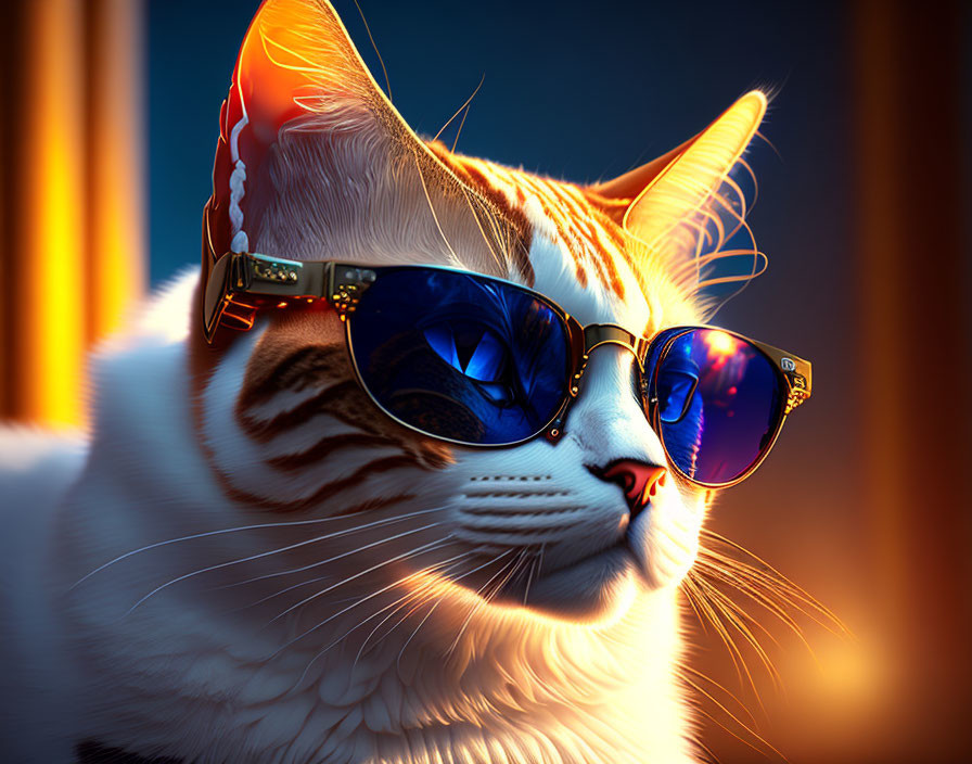 Blue Sunglasses Cat with White and Brown Fur on Warm Background