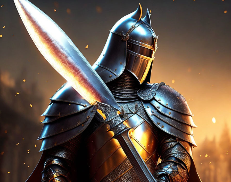 Knight in shining armor with sword in front of glowing embers.