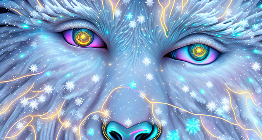 Colorful cosmic wolf digital artwork with multicolored eyes and starry fur coat.