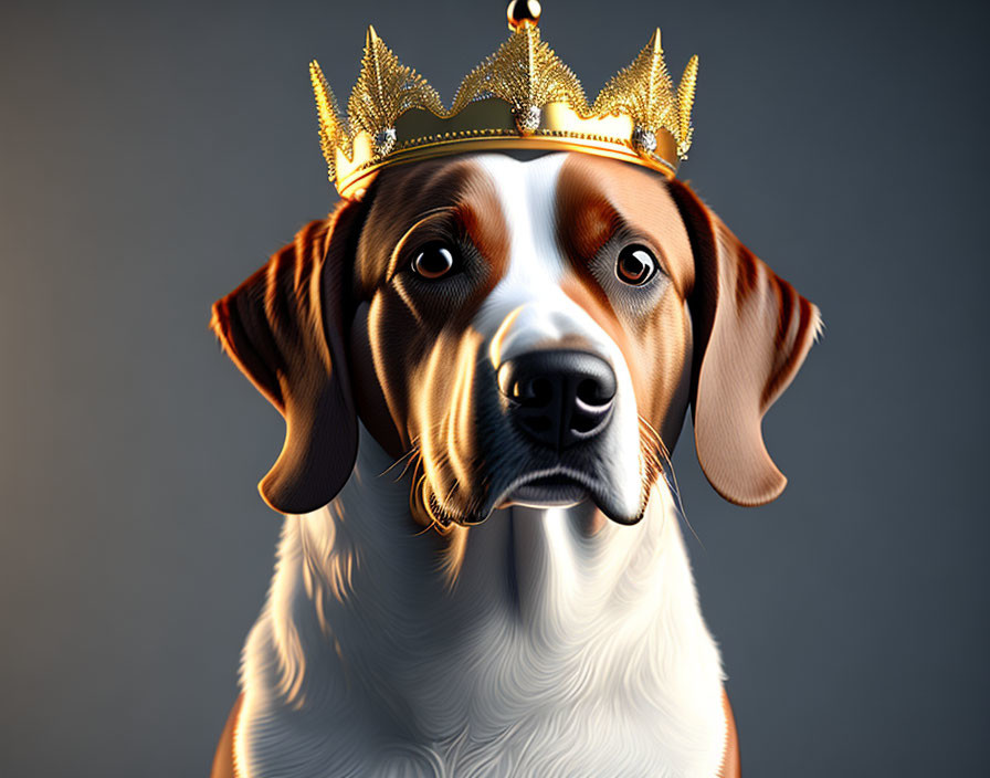 Regal beagle digital art with golden crown on grey background