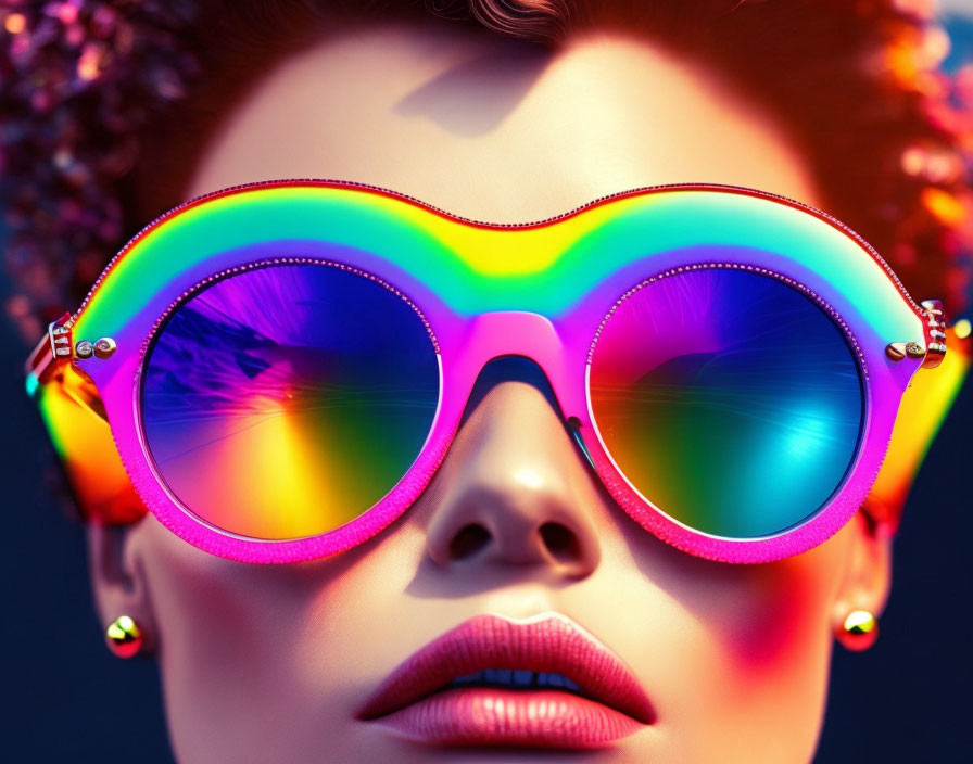 Vibrant Rainbow Sunglasses Reflecting Sunset on Person with Curly Hair