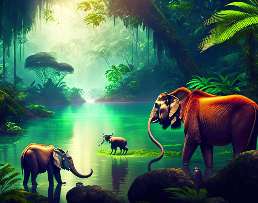 Elephants and deer in lush jungle by tranquil river