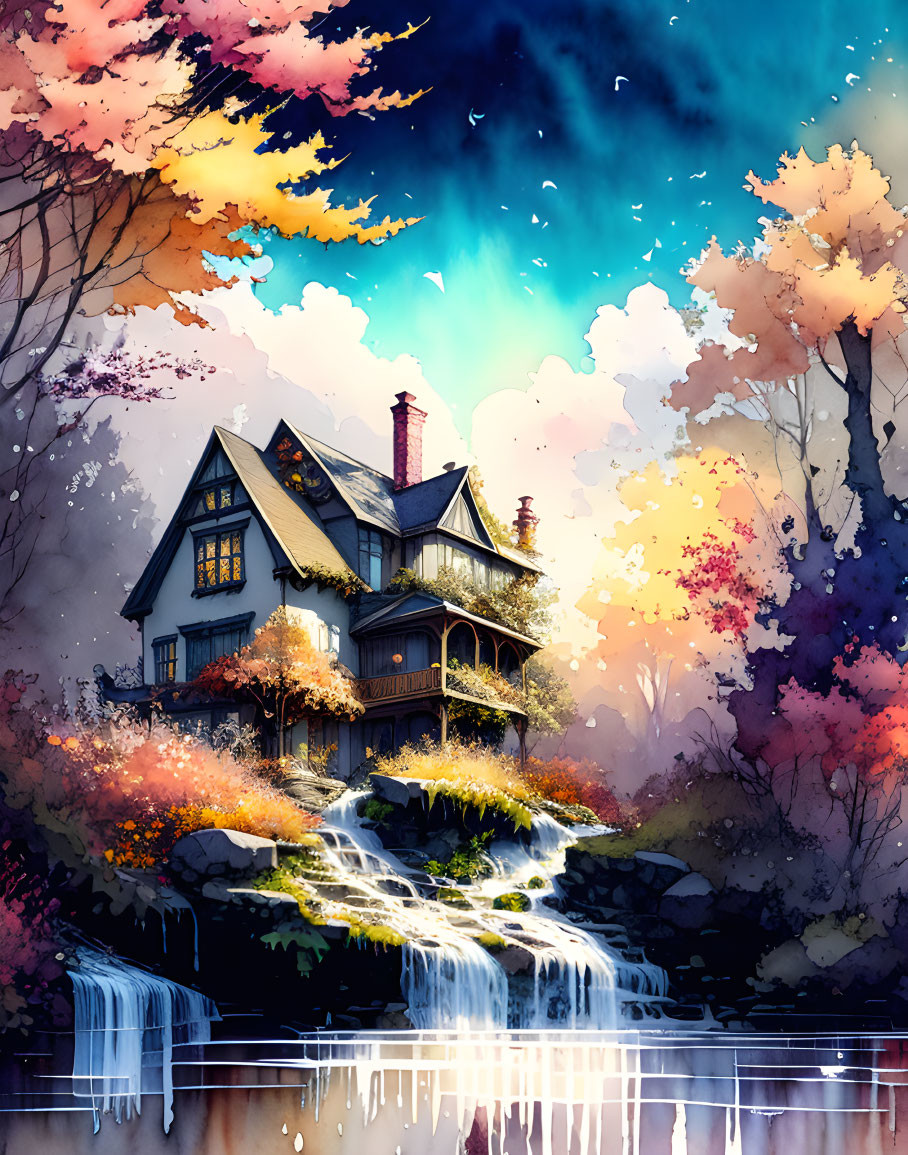 Victorian house on waterfall with autumn trees at dusk