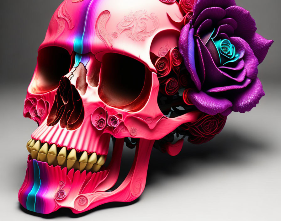 Vibrant skull art with pink hues, purple, and blue roses