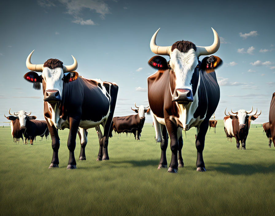 Stylized muscular bulls with large horns in green field