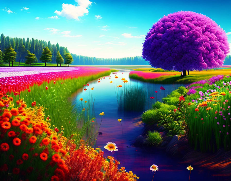 Colorful Flower Field, Purple Tree, River, Blue Sky Landscape