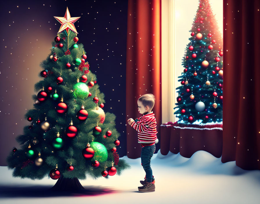 Child in striped sweater gazes at lit Christmas tree near snowy window.